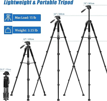 JOILCAN Tripod Camera Tripods, 74" Tripod for Camera Phone Video Recording, Heavy Duty Camera Tripod Stand, Professional Travel DSLR Tripods Compatible with Canon iPhone, Max Load 15 LB - Image 5